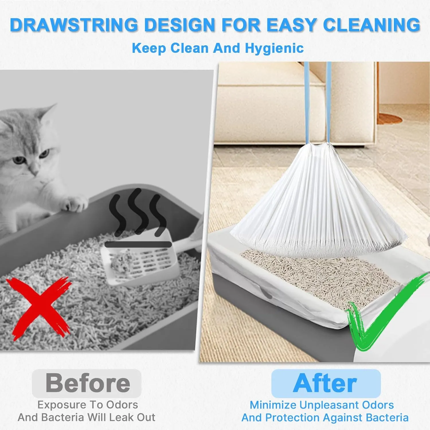 120 Count Cat Litter Box Liners 25" x 15.7", Heavy Duty Cat Litter Bags Compatible with Litter-Robot 3/4, Self Cleaning Bags Trash Bags with Drawstring