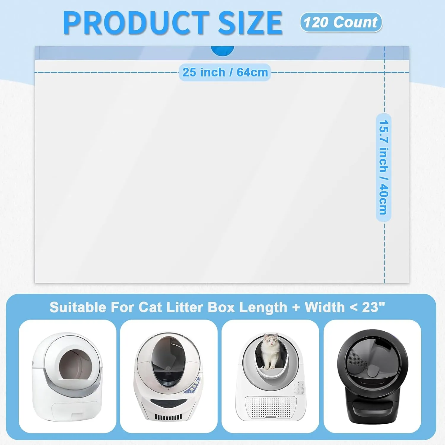120 Count Cat Litter Box Liners 25" x 15.7", Heavy Duty Cat Litter Bags Compatible with Litter-Robot 3/4, Self Cleaning Bags Trash Bags with Drawstring