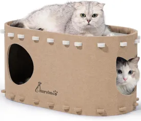 2 in 1 Large Foldable Cat Cave/Cat House in Dark Camel with Enclosed Tunnel - Up to 25lbs & Multiple Small Cats