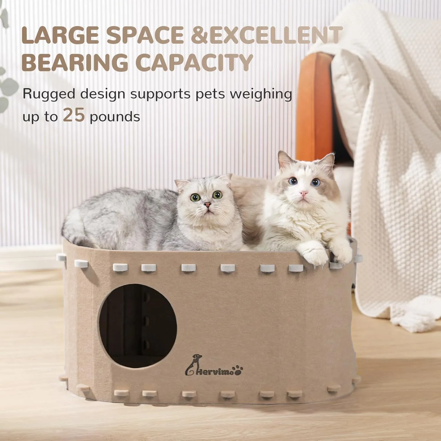 2 in 1 Large Foldable Cat Cave/Cat House in Dark Camel with Enclosed Tunnel - Up to 25lbs & Multiple Small Cats