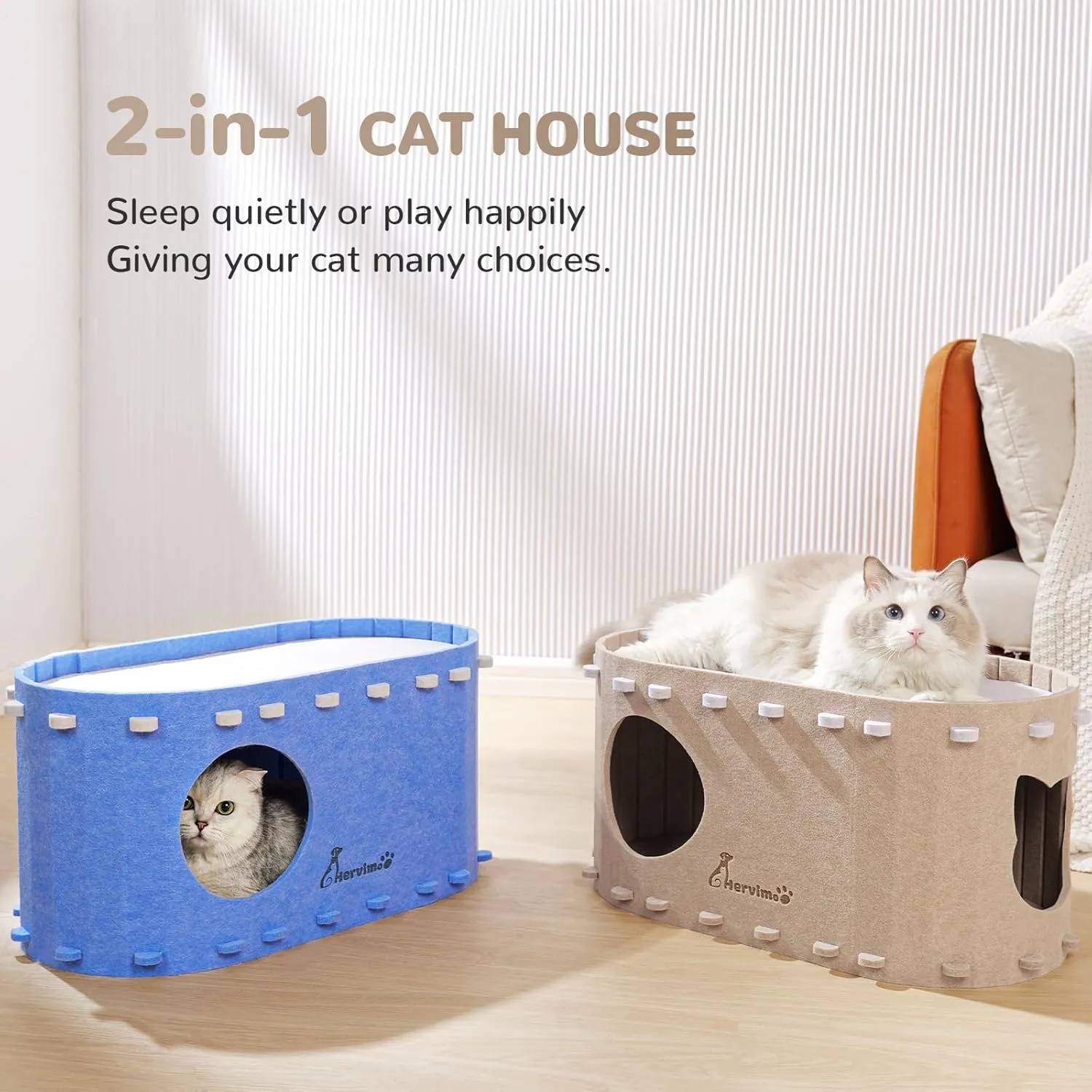 2 in 1 Large Foldable Cat Cave/Cat House in Dark Camel with Enclosed Tunnel - Up to 25lbs & Multiple Small Cats