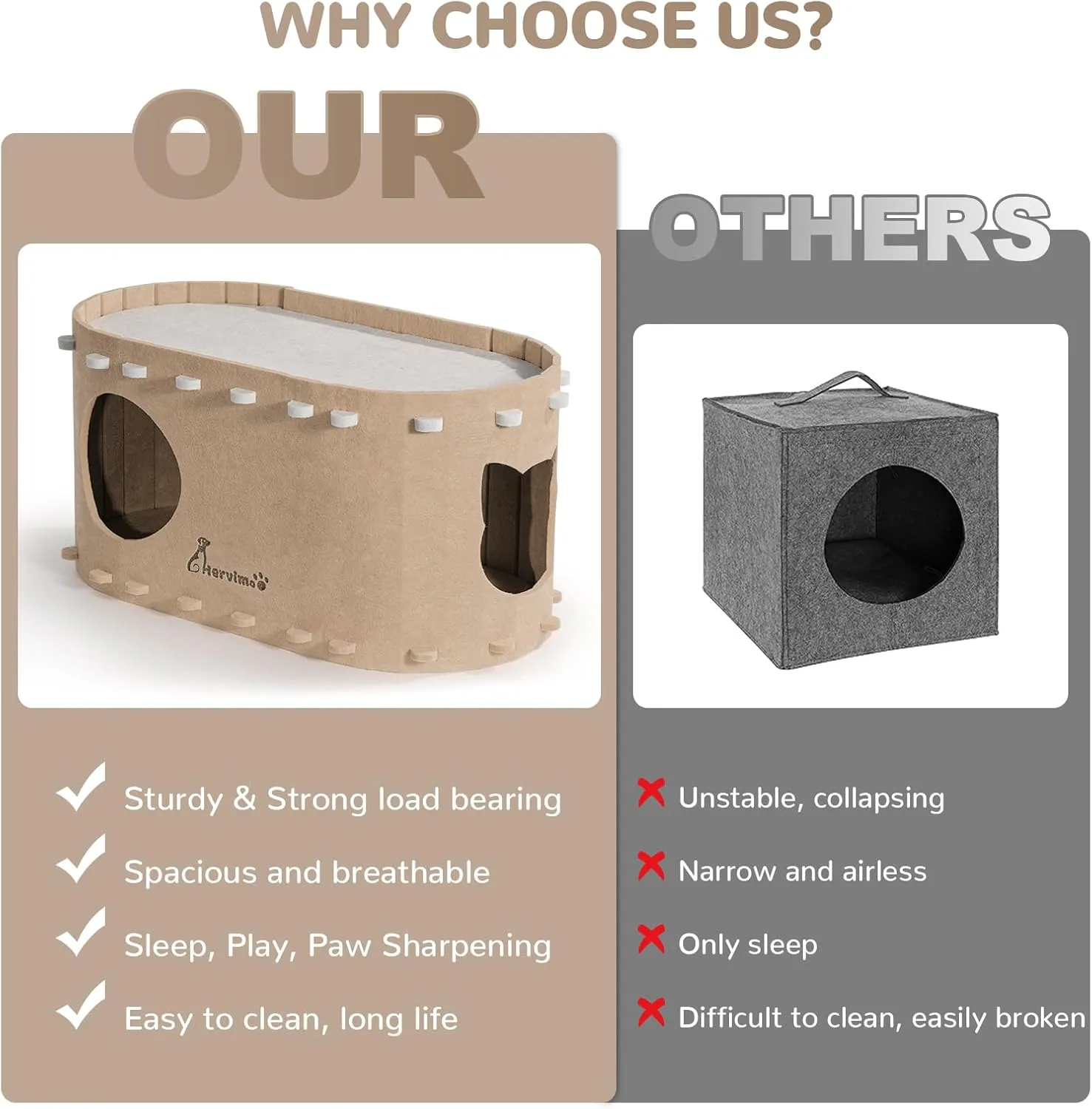 2 in 1 Large Foldable Cat Cave/Cat House in Dark Camel with Enclosed Tunnel - Up to 25lbs & Multiple Small Cats