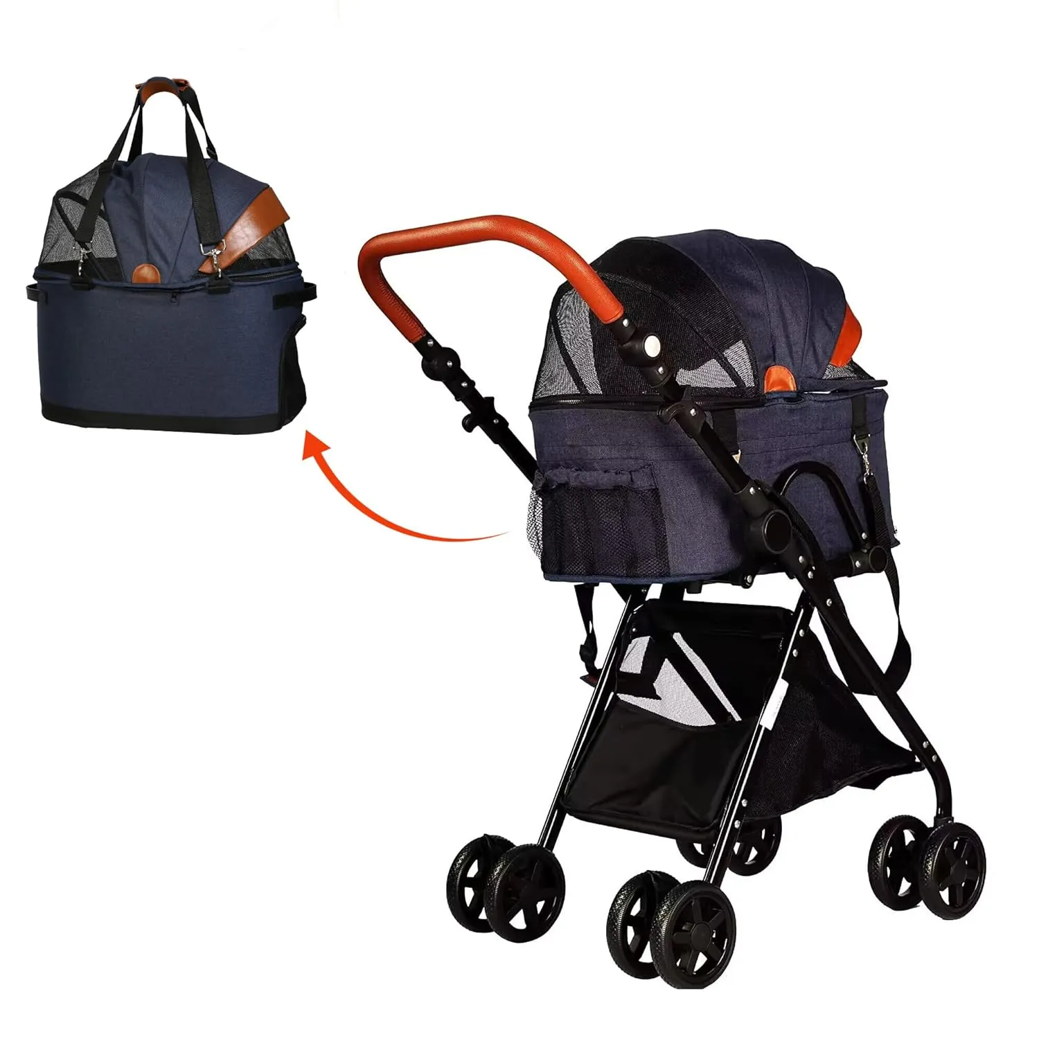 2 in 1 Pet Stroller, Detachable Pet Cart with 4 Wheels & Removable Carrier for Small Dog/Cat, Foldable Portable Waterproof Jogging Travel Carrier Cage w/Storage Basket & Adjustable Handle