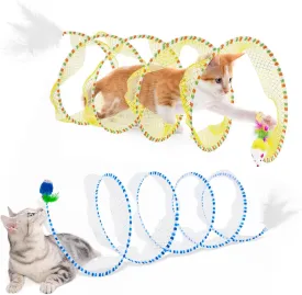2 Pcs Cat Tunnels for Indoor Cats - S Type Foldable Cat Spiral Tunnel Toy, Decompression Interactive Self-Play Cat Hunting Spiral Tunnel Toy with Ribbon Bell Feather Balls Blue, Blue Yellow