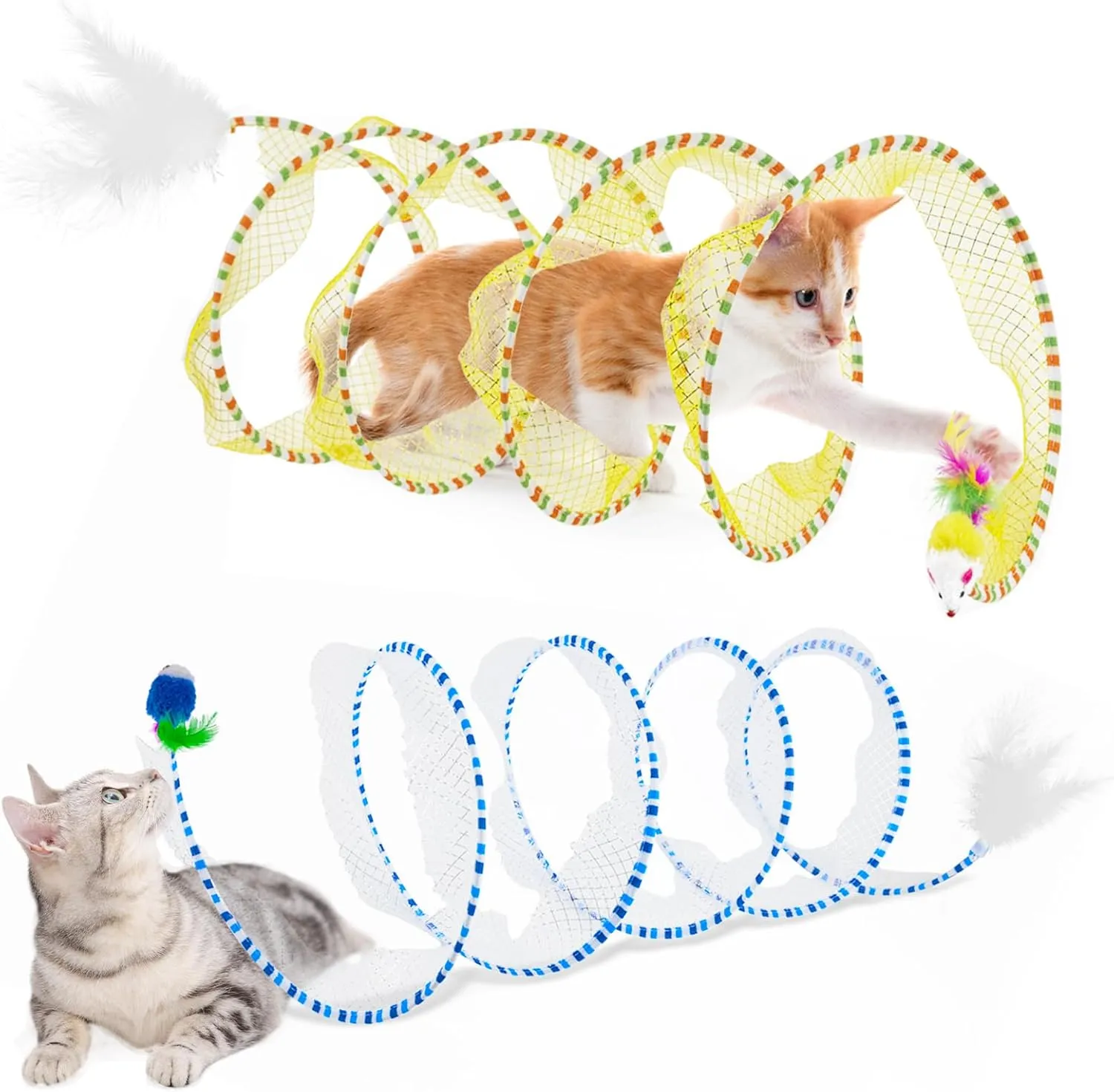 2 Pcs Cat Tunnels for Indoor Cats - S Type Foldable Cat Spiral Tunnel Toy, Decompression Interactive Self-Play Cat Hunting Spiral Tunnel Toy with Ribbon Bell Feather Balls Blue, Blue Yellow