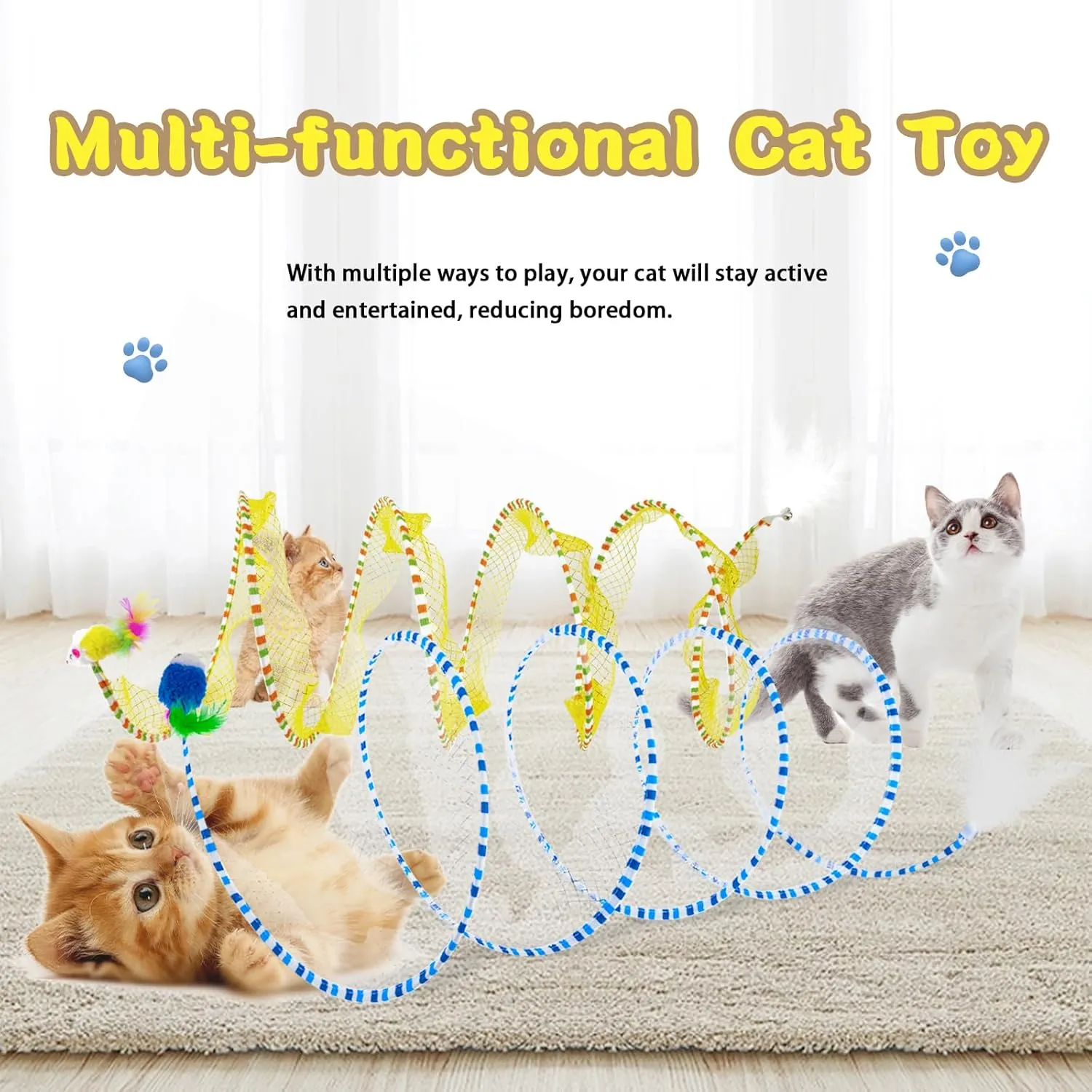 2 Pcs Cat Tunnels for Indoor Cats - S Type Foldable Cat Spiral Tunnel Toy, Decompression Interactive Self-Play Cat Hunting Spiral Tunnel Toy with Ribbon Bell Feather Balls Blue, Blue Yellow