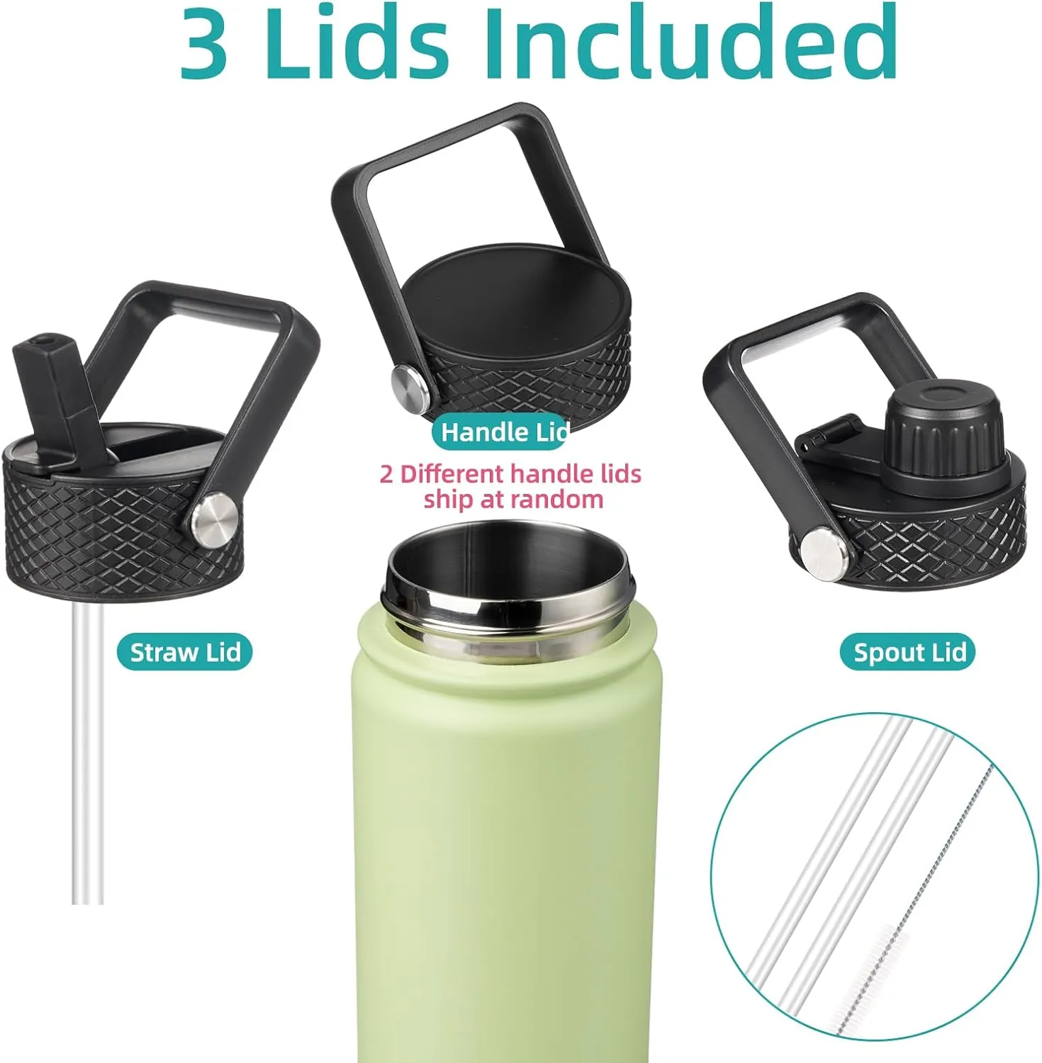 22oz Stainless Steel Bottles with 3 Lids Sport Insulated Water Bottle,Macaron Green