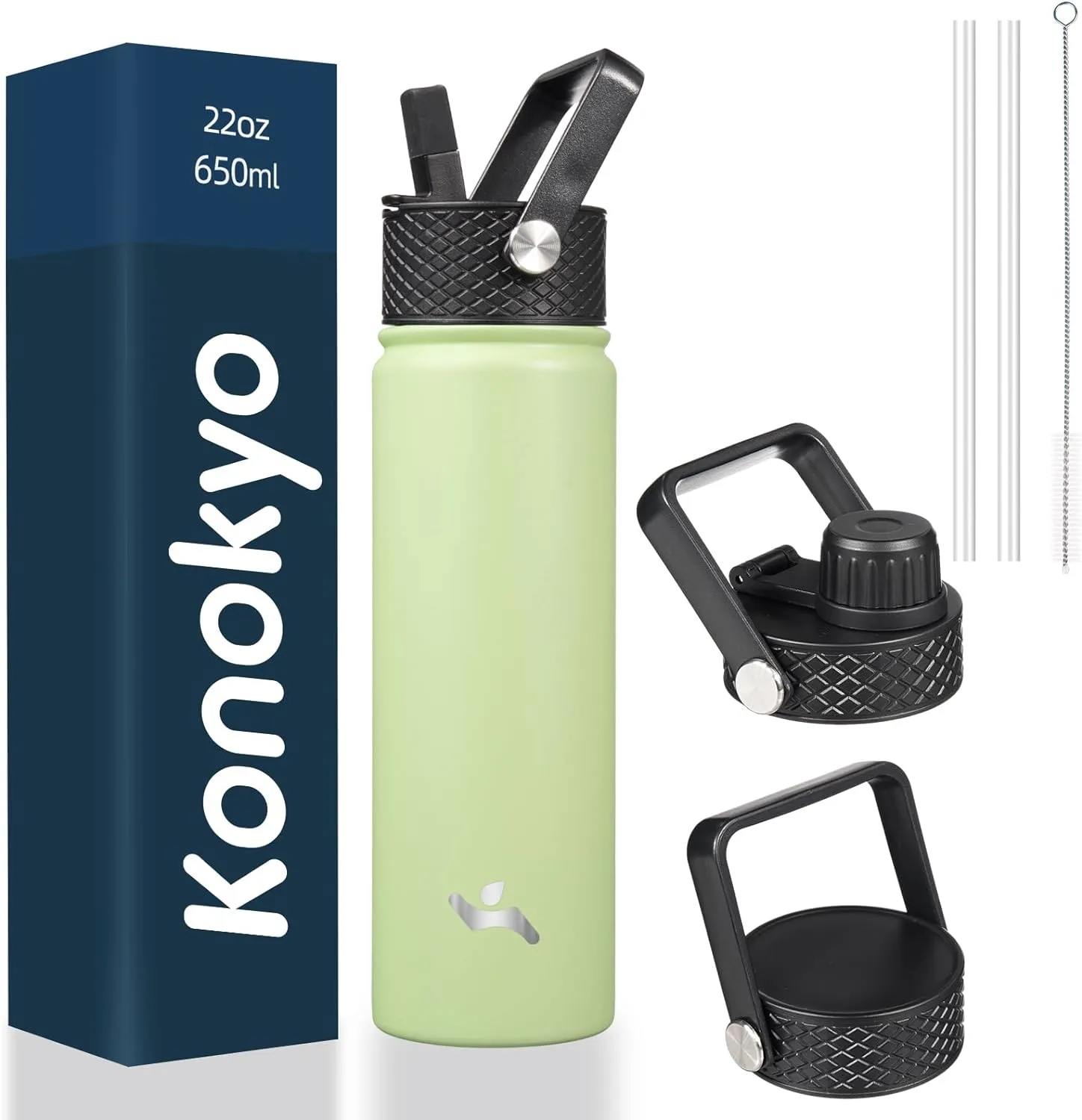 22oz Stainless Steel Bottles with 3 Lids Sport Insulated Water Bottle,Macaron Green