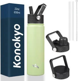 22oz Stainless Steel Bottles with 3 Lids Sport Insulated Water Bottle,Macaron Green