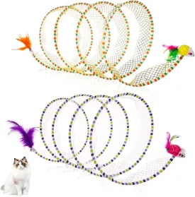 2pcs Cat Tunnels for Indoor Cat, S Type Folded Cat Tunnel Spring 10in Large Size Collapsible Spiral Cat Toy with Feather and Mouse Toy for Pet Puppy Kitten Interactive Exercise(Striped Yellow, Purple)