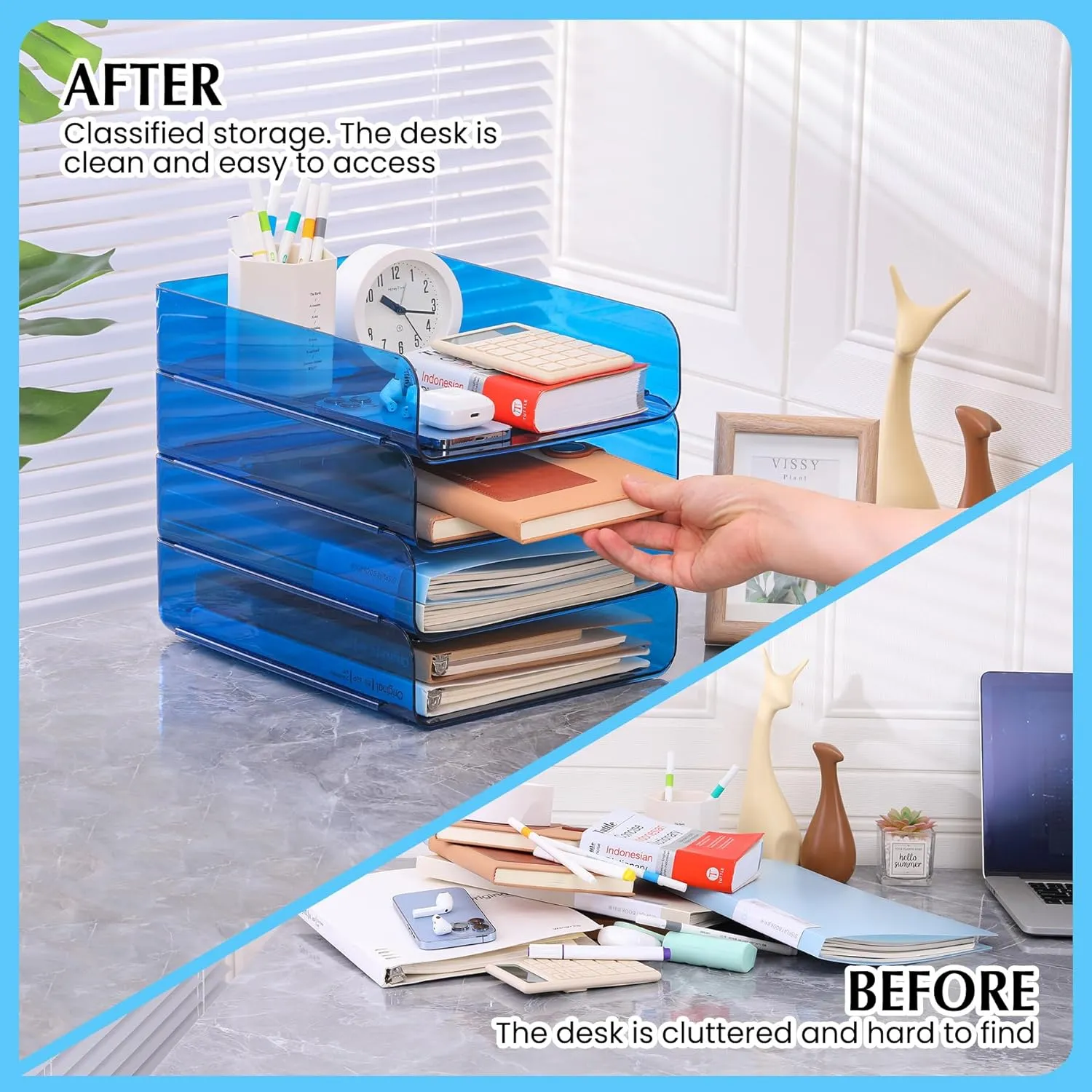 4 Pack Stackable Paper Tray Organizer File Organizer for Desk, Office Organizer and Storage for Desk Accessories, Notes, Books, File Paper, Document, Blue