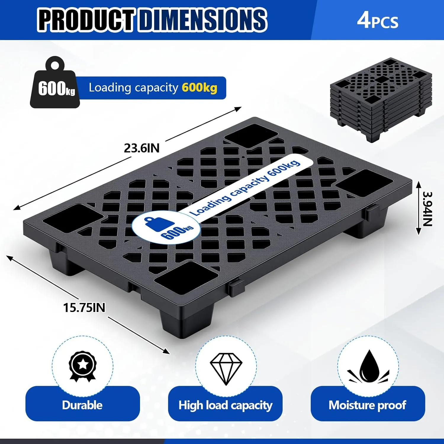4 Pcs Lightweight Plastic Pallets Nestable Moisture Proof Floor Pallet with Breathable Grids for Sale Shop Restaurant Supermarket Garage Warehouse Basement Storage (23.6 x 15.8 x 3.9 Inch)