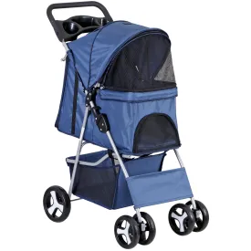 4 Wheels Dog Stroller Folding Pet Strolling Cart for Small Medium Cats Puppies Portable Jogger Travel Camping Puppy Carrier with Storage Basket Cup Holder, Navy Blue