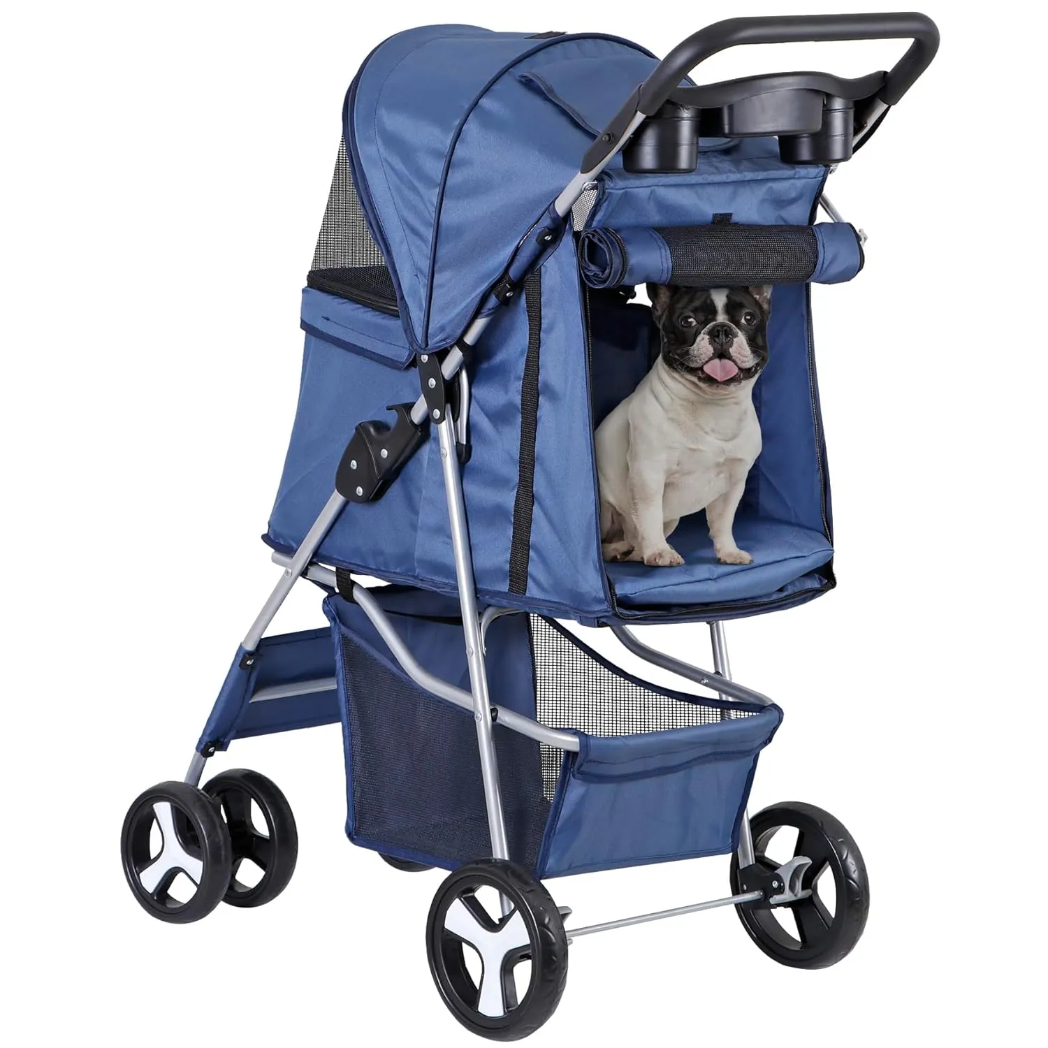 4 Wheels Dog Stroller Folding Pet Strolling Cart for Small Medium Cats Puppies Portable Jogger Travel Camping Puppy Carrier with Storage Basket Cup Holder, Navy Blue