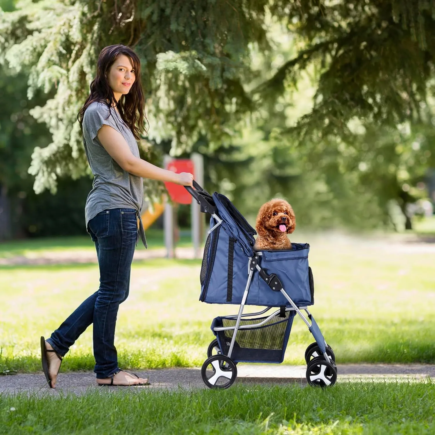 4 Wheels Dog Stroller Folding Pet Strolling Cart for Small Medium Cats Puppies Portable Jogger Travel Camping Puppy Carrier with Storage Basket Cup Holder, Navy Blue