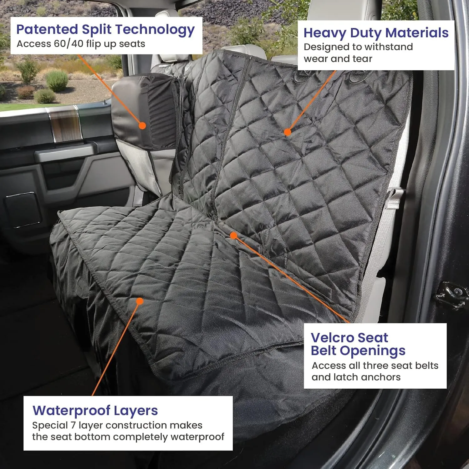 4Knines Bench Seat Covers for Trucks with Dog Hammock & Split-Tech - Rear Seat Protector for Dogs Fits Full Size Crew Cab with Split Bench Seats - Waterproof Dog Seat Cover (Passenger Side, Black)
