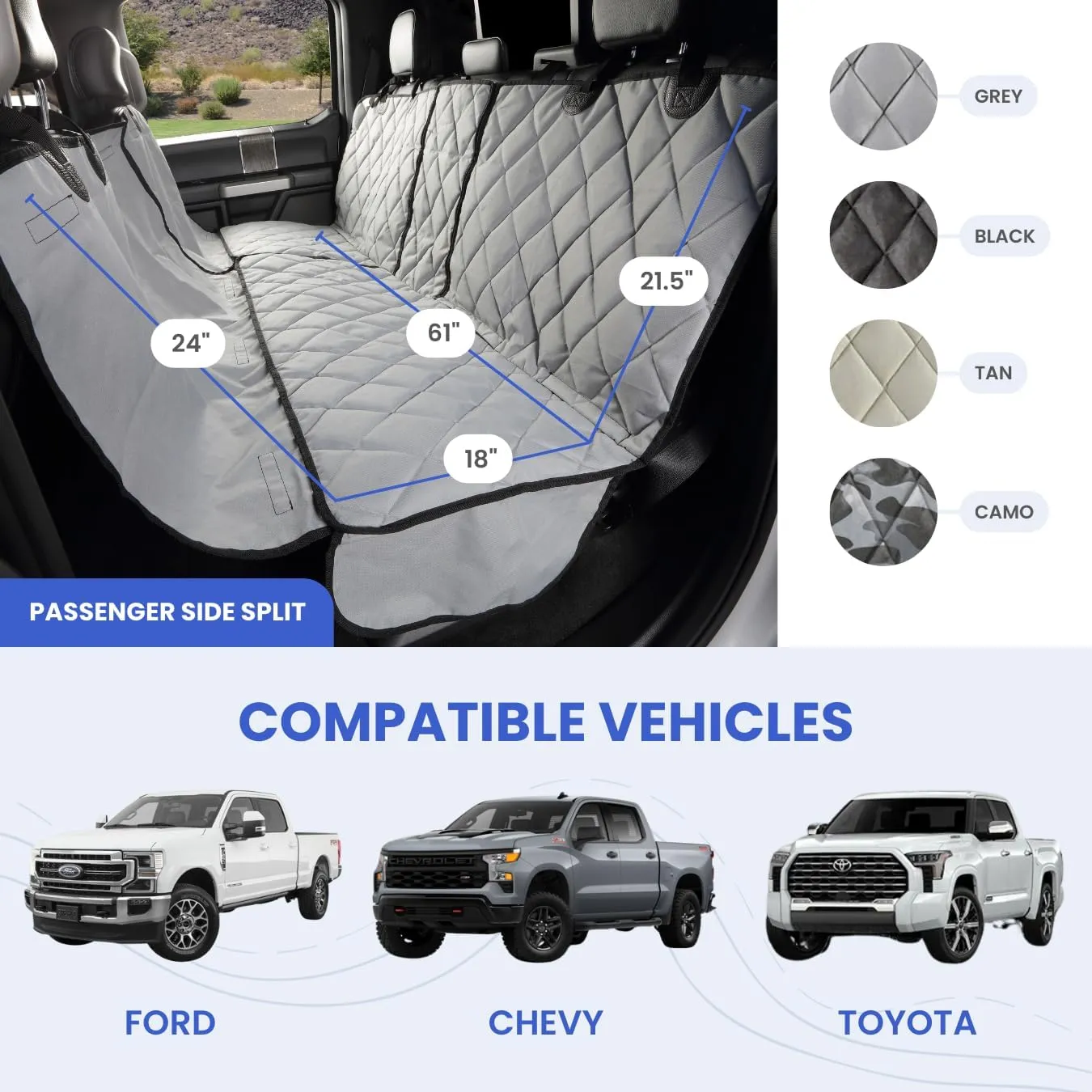 4Knines Bench Seat Covers for Trucks with Dog Hammock & Split-Tech - Rear Seat Protector for Dogs Fits Full Size Crew Cab with Split Bench Seats - Waterproof Dog Seat Cover (Passenger Side, Black)