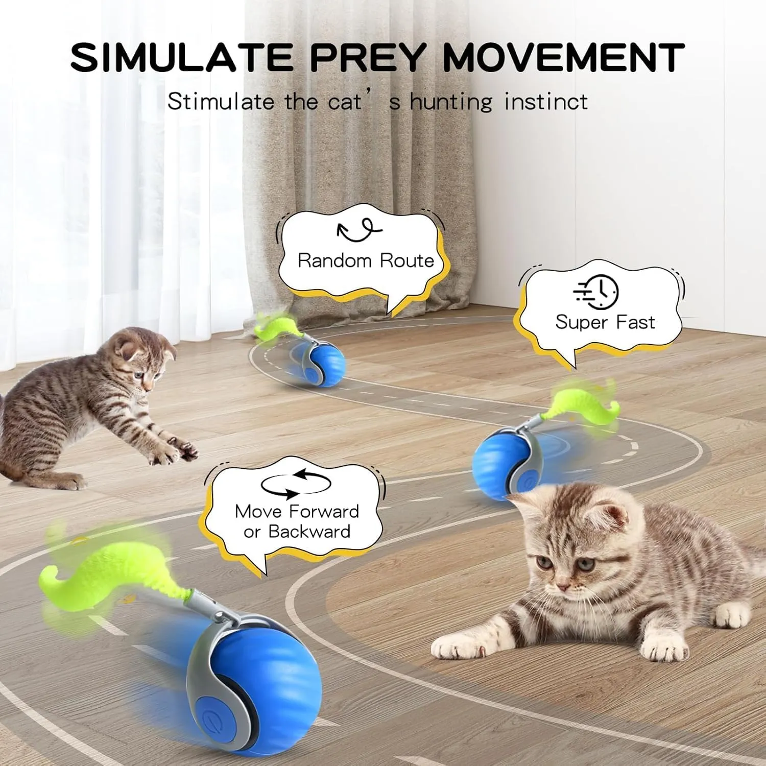 6PCS Interactive Cat Toy Automatic Moving Smart Toy Ball with Replacement Tail for Indoor Bored Cats/Dogs, Sensor Teasing Ball Self-Rolling Pet Chase, Speedy Cat Toys for Pets Exercise (Blue Orange)