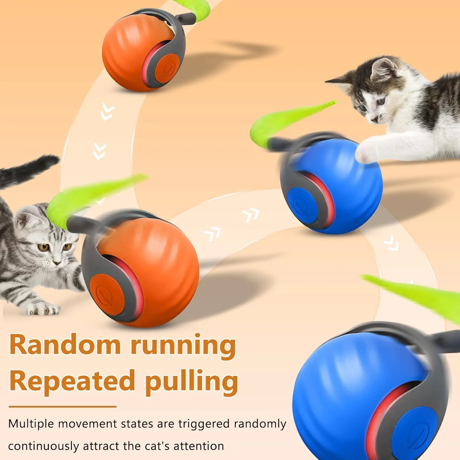 6PCS Interactive Cat Toy Automatic Moving Smart Toy Ball with Replacement Tail for Indoor Bored Cats/Dogs, Sensor Teasing Ball Self-Rolling Pet Chase, Speedy Cat Toys for Pets Exercise (Blue Orange)