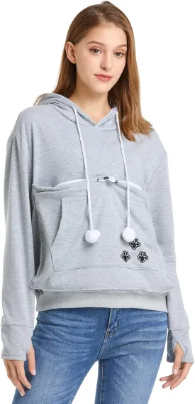 ALYC Unisex Hoodies Pet Holder Cat Dog Large Pouch Carriers Pullover with Cat Printing Sweatshirt (Light Grey- Classic Version, S)
