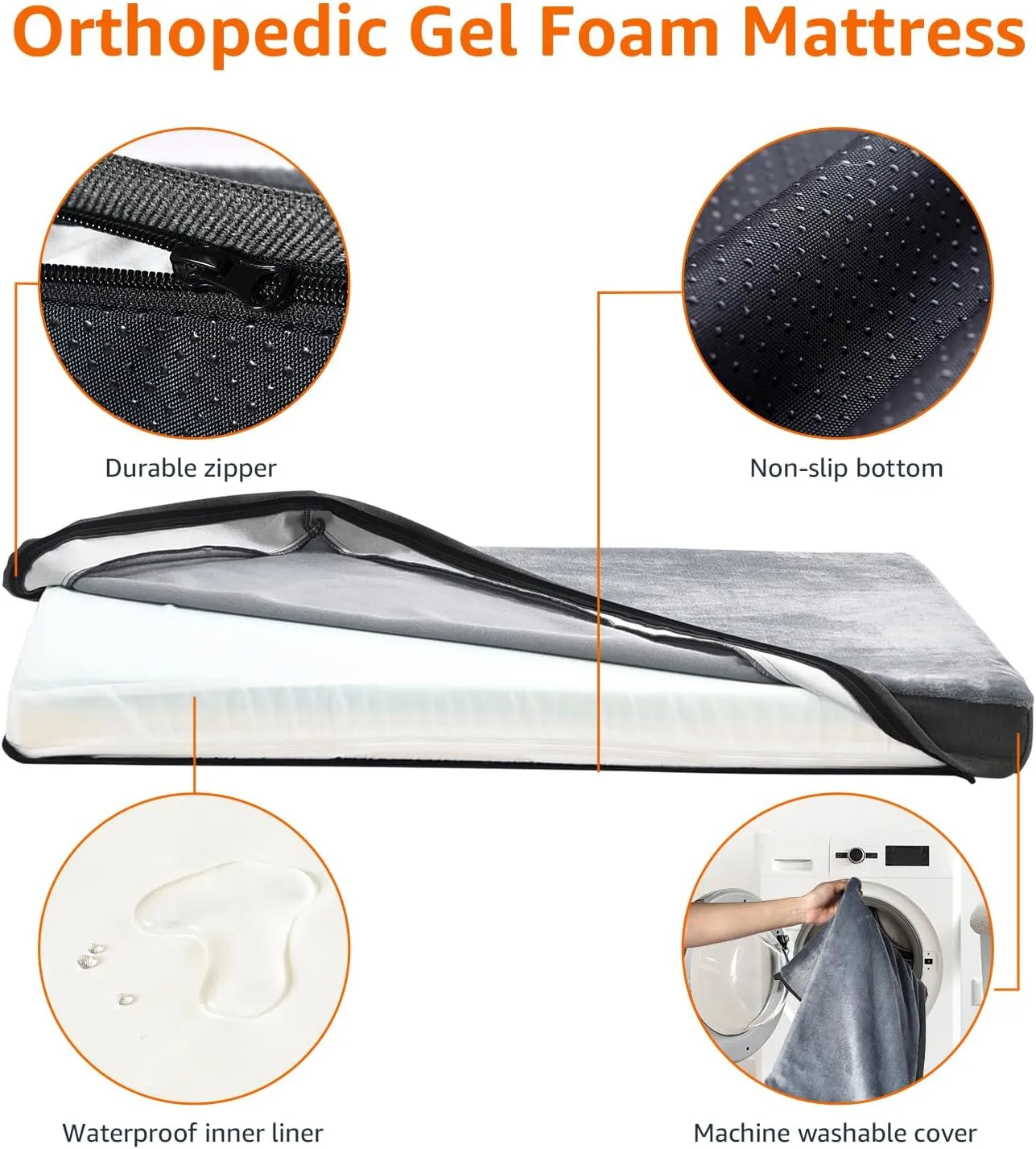 Amazon Basics Orthopedic Dog Bed for dogs up to 120lbs, Cooling Gel Memory Foam, Non-Slip bottom with Machine Washable Removable Cover, 50" X 34" X 5", Grey