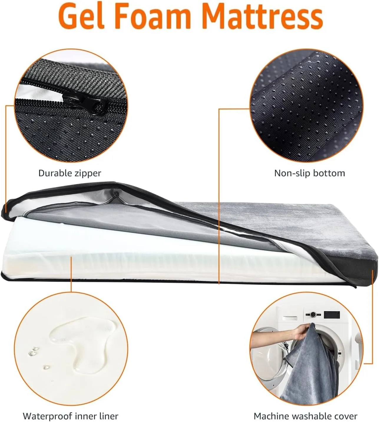 Amazon Basics Orthopedic Dog Bed for Dogs up to 50lbs, Cooling Gel Memory Foam, Non-Slip Bottom with Machine Washable Removable Cover, 35" X 22" X 3.0", Grey