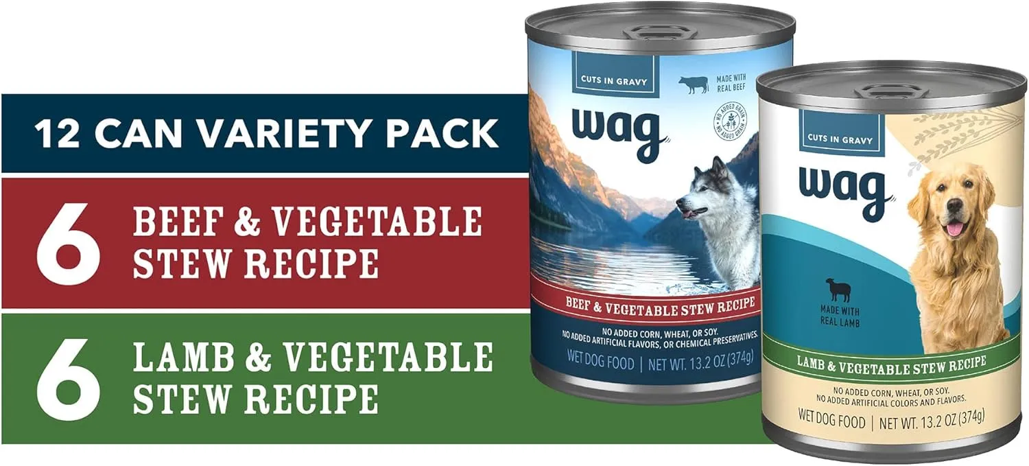 Amazon Brand - Wag Wet Dog Food Stew Variety Pack, Lamb & Beef Cuts in Gravy, Made with Natural Ingredients, 13.2 Ounce Cans (Pack of 12)