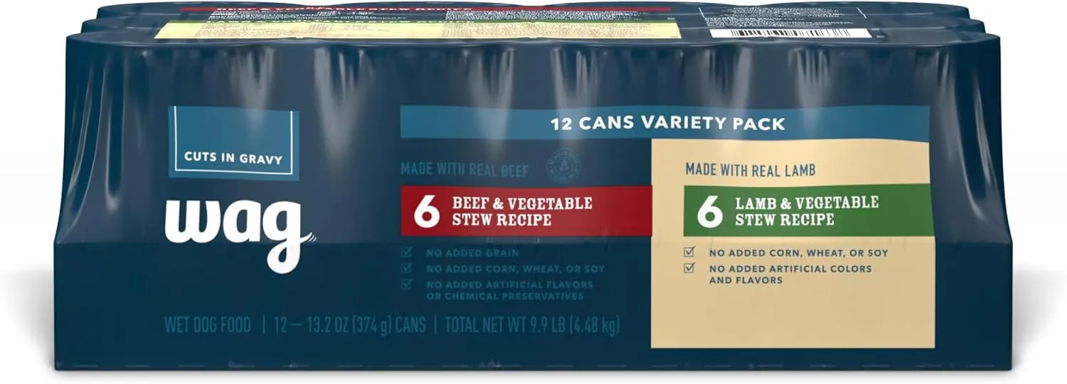 Amazon Brand - Wag Wet Dog Food Stew Variety Pack, Lamb & Beef Cuts in Gravy, Made with Natural Ingredients, 13.2 Ounce Cans (Pack of 12)