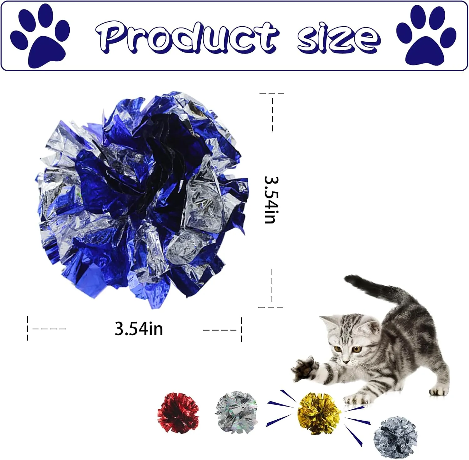 Andiker 3.54inch Mylar Cat Crinkle Balls, 4pcs Colorful and Sparkling Crinkle Ball Lightweight Easy to Carry Cat Ball Toy Interactive Cat Toys for Indoor Cats to Kill Time and Keep Fit (Single Color)