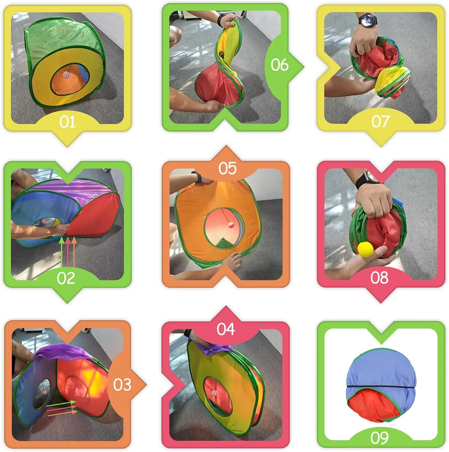 Andiker Cat Tunnel, Colorful and Foldable Polyester Square Cat Tent Matches with Most Kitten Tubes with a Bell Ball 3 Holes Cats Tubes for Indoor Cats to Play and Sleep (Square L)