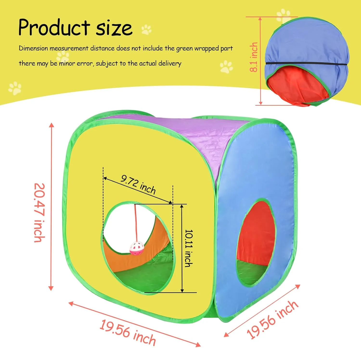 Andiker Cat Tunnel, Colorful and Foldable Polyester Square Cat Tent Matches with Most Kitten Tubes with a Bell Ball 3 Holes Cats Tubes for Indoor Cats to Play and Sleep (Square L)