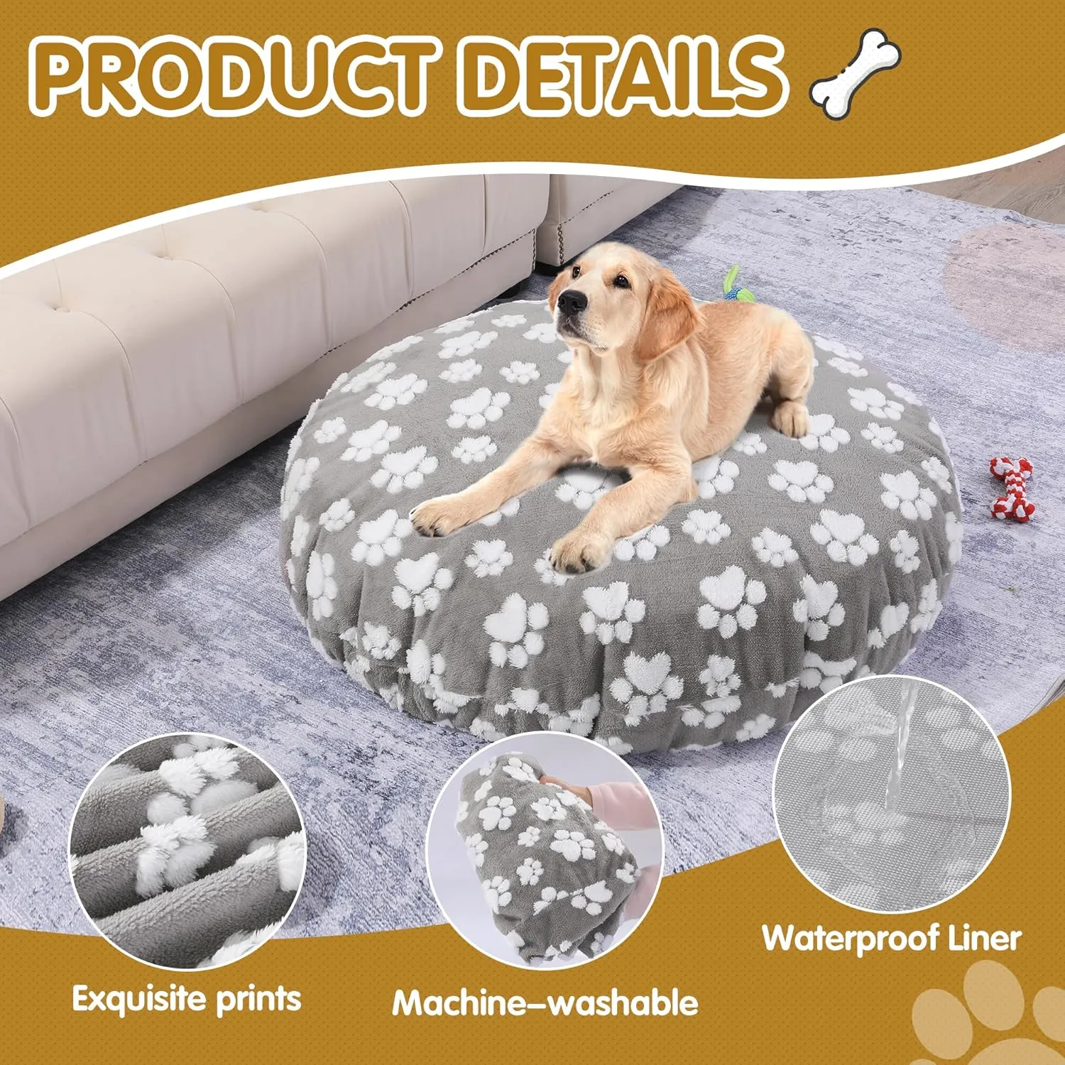 BALAPET Washable Dog Bed Covers Replacement Round Waterproof Bed Cover for Dog Soft Pet Bed Cover with Lovely Dog Paw Print and Double-Sided Usable Design,Cover Only(Gray,45 * 45 * 11in)