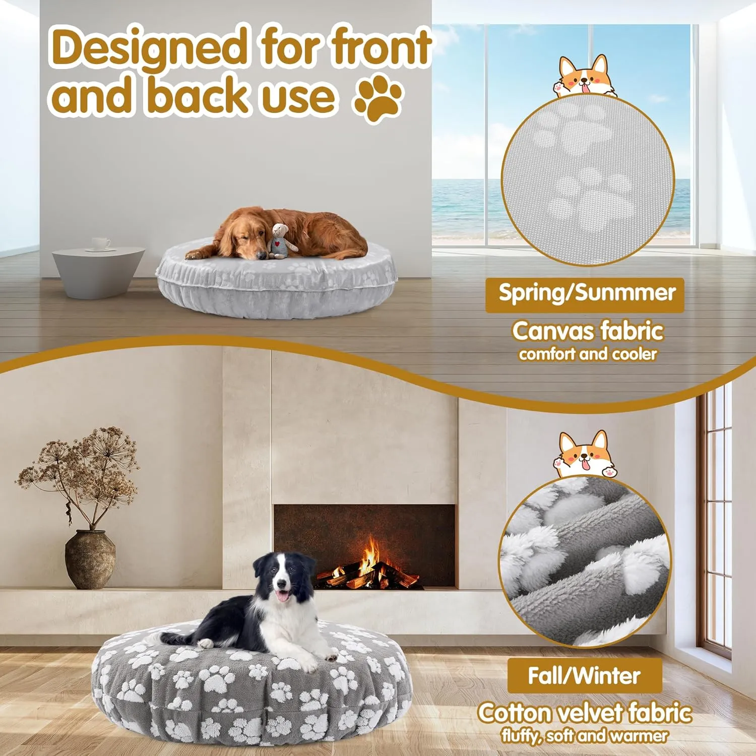 BALAPET Washable Dog Bed Covers Replacement Round Waterproof Bed Cover for Dog Soft Pet Bed Cover with Lovely Dog Paw Print and Double-Sided Usable Design,Cover Only(Gray,45 * 45 * 11in)