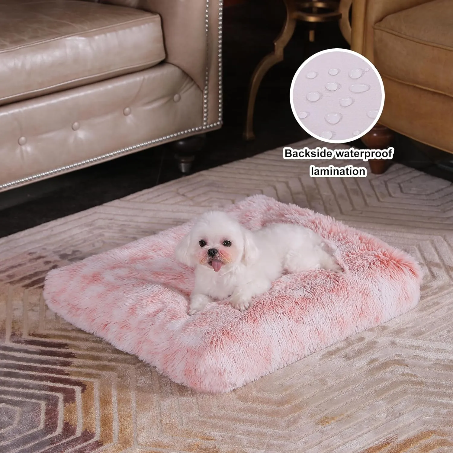 Bedfolks Waterproof Crate Bed, Plush Dog & Cat Bed with Washable Cover, Faux Fur Kennel Pad, 17"x12", Pink