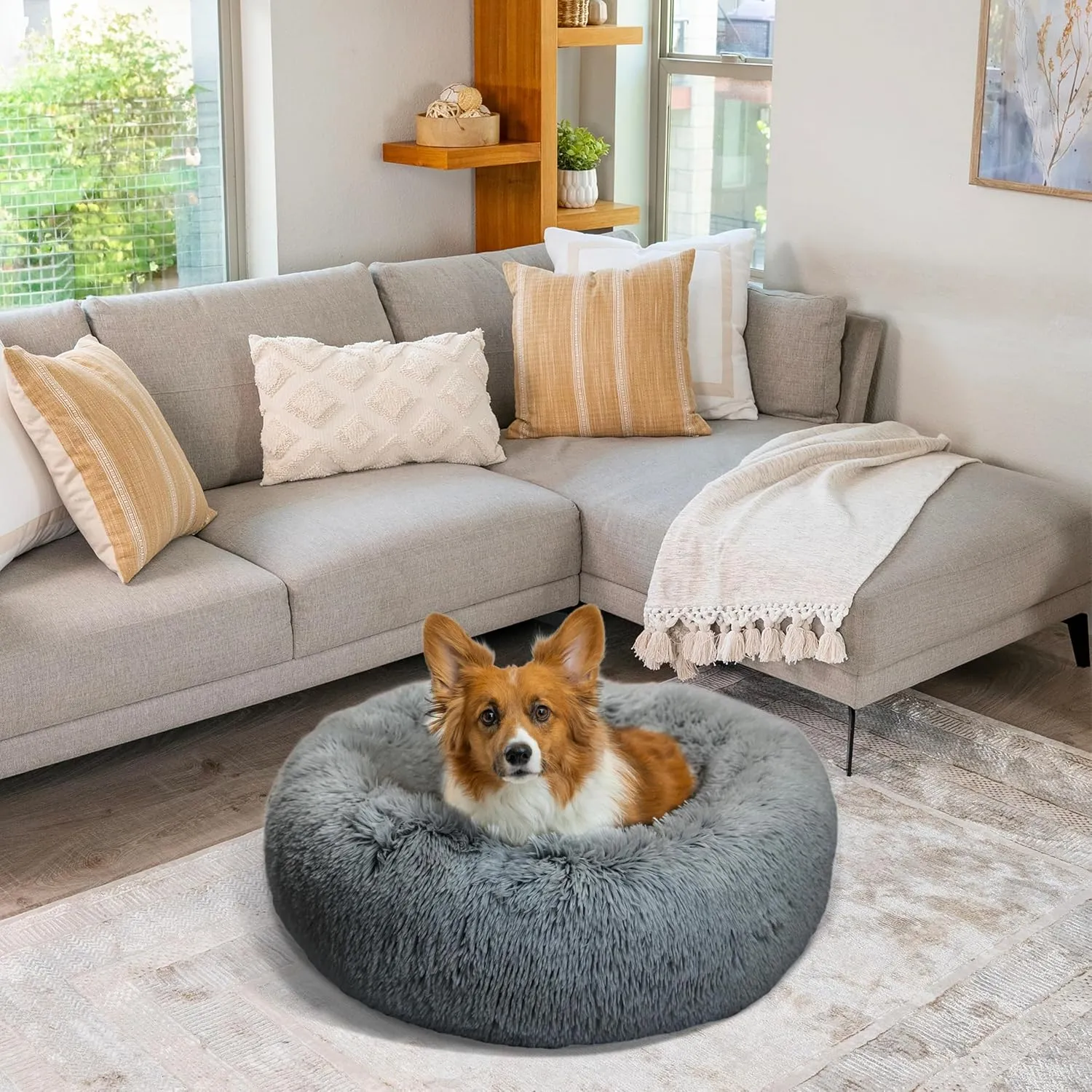 Best Friends by Sheri Original Calming Donut Dog and Cat Bed, Shag Faux Fur, Gray, Medium (30x30) - Helps Provide Anxiety Relief for Pets