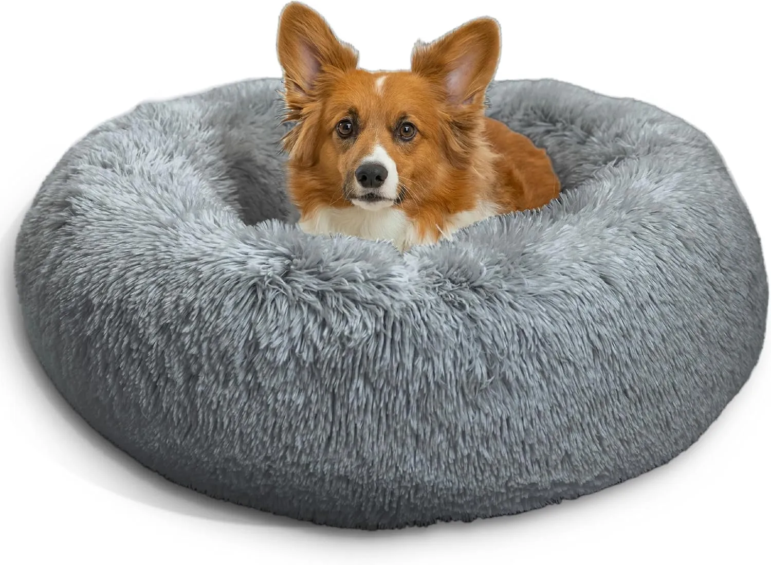 Best Friends by Sheri Original Calming Donut Dog and Cat Bed, Shag Faux Fur, Gray, Medium (30x30) - Helps Provide Anxiety Relief for Pets