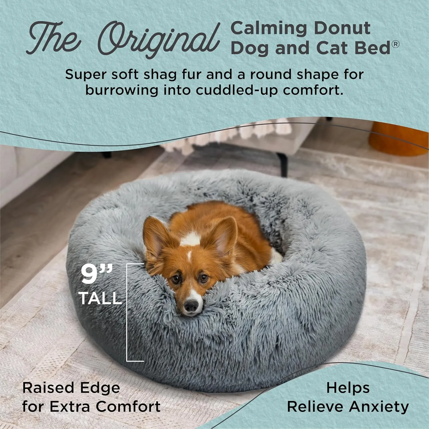 Best Friends by Sheri Original Calming Donut Dog and Cat Bed, Shag Faux Fur, Gray, Medium (30x30) - Helps Provide Anxiety Relief for Pets