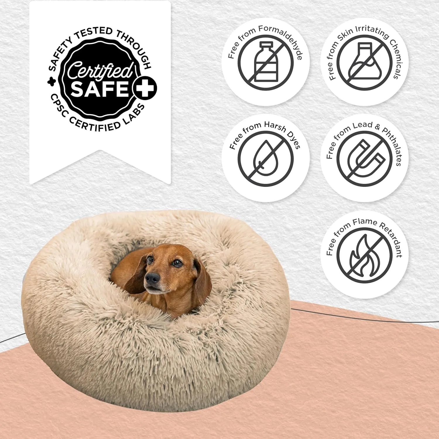 Best Friends by Sheri Original Calming Donut Dog and Cat Bed, Shag Faux Fur, Taupe, Small (23x23) - Helps Provide Anxiety Relief for Pets