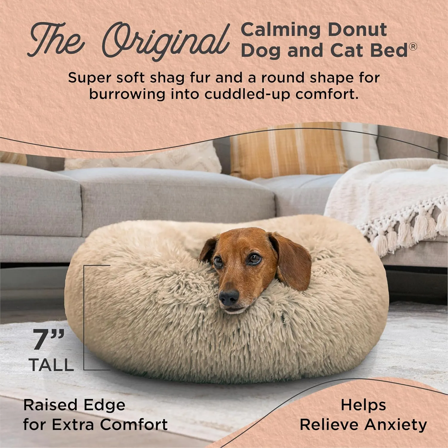Best Friends by Sheri Original Calming Donut Dog and Cat Bed, Shag Faux Fur, Taupe, Small (23x23) - Helps Provide Anxiety Relief for Pets