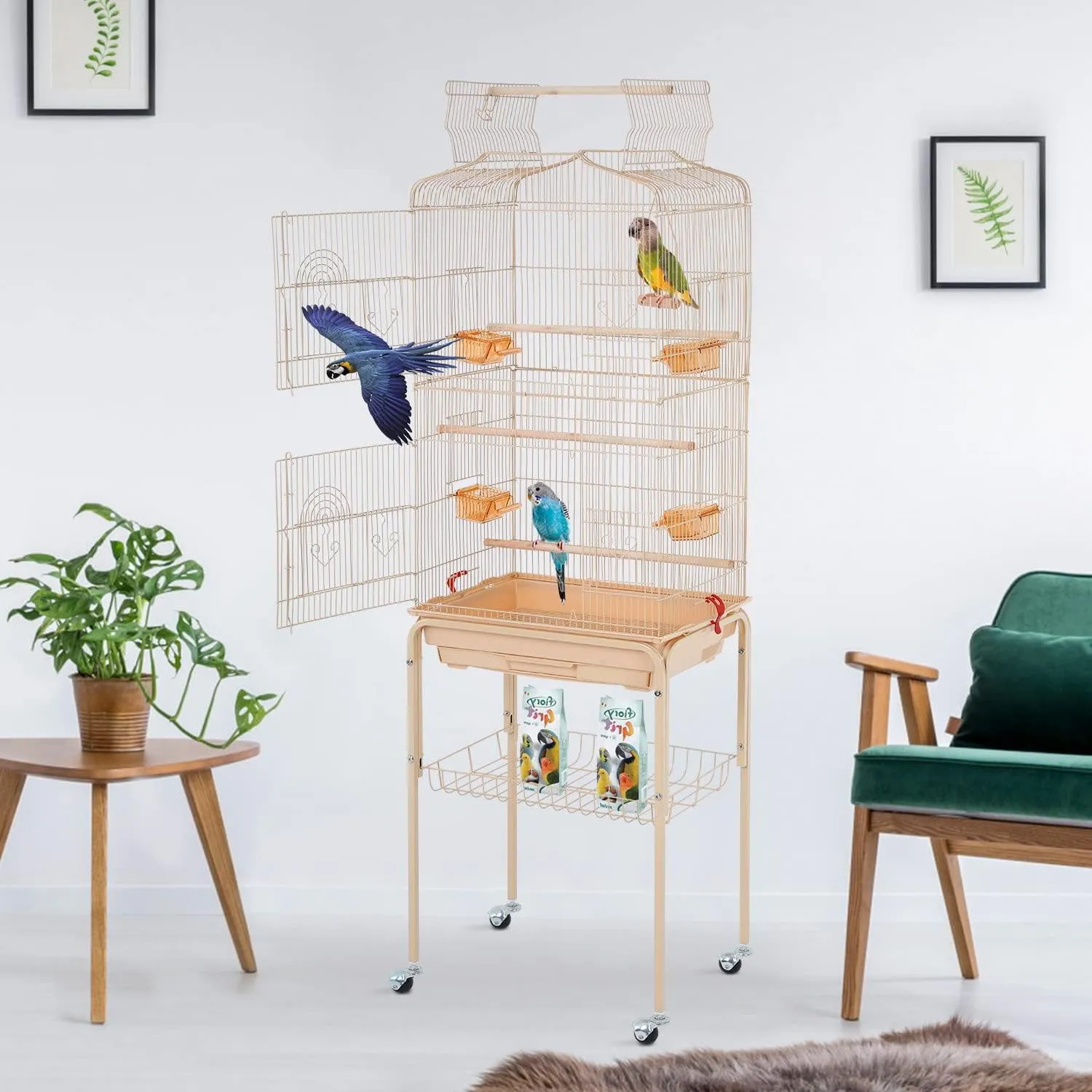 BestPet 64 inch Wrought Iron Bird Cage for Parakeets Medium Small Parrots Parakeet Cage with Detachable Rolling Stand & Play Open Top for Cockatiels Lovebird Finches Canaries (Almond)
