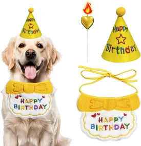 Birthday Dog Hat and Bib Set, Multiple Color Offered Animal Bandanas for Small Medium Large Dogs, Cat Puppy Bids Party Supplies, Stylish Plaid Pets Birthday Gift (Yellow)