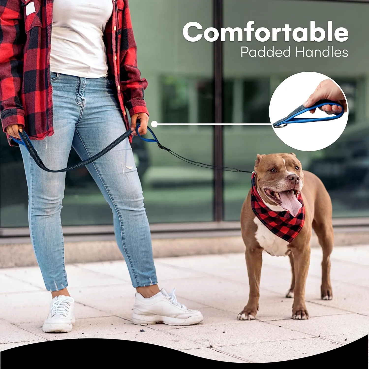 Black Rhino Double Handle Dog Leash - Heavy Duty Adjustable Leash for Large Dogs That Pull - Reflective Two Handle Neoprene Padded Design - 5 to 6 ft - Includes Pouch for Treats and More - Dark Blue