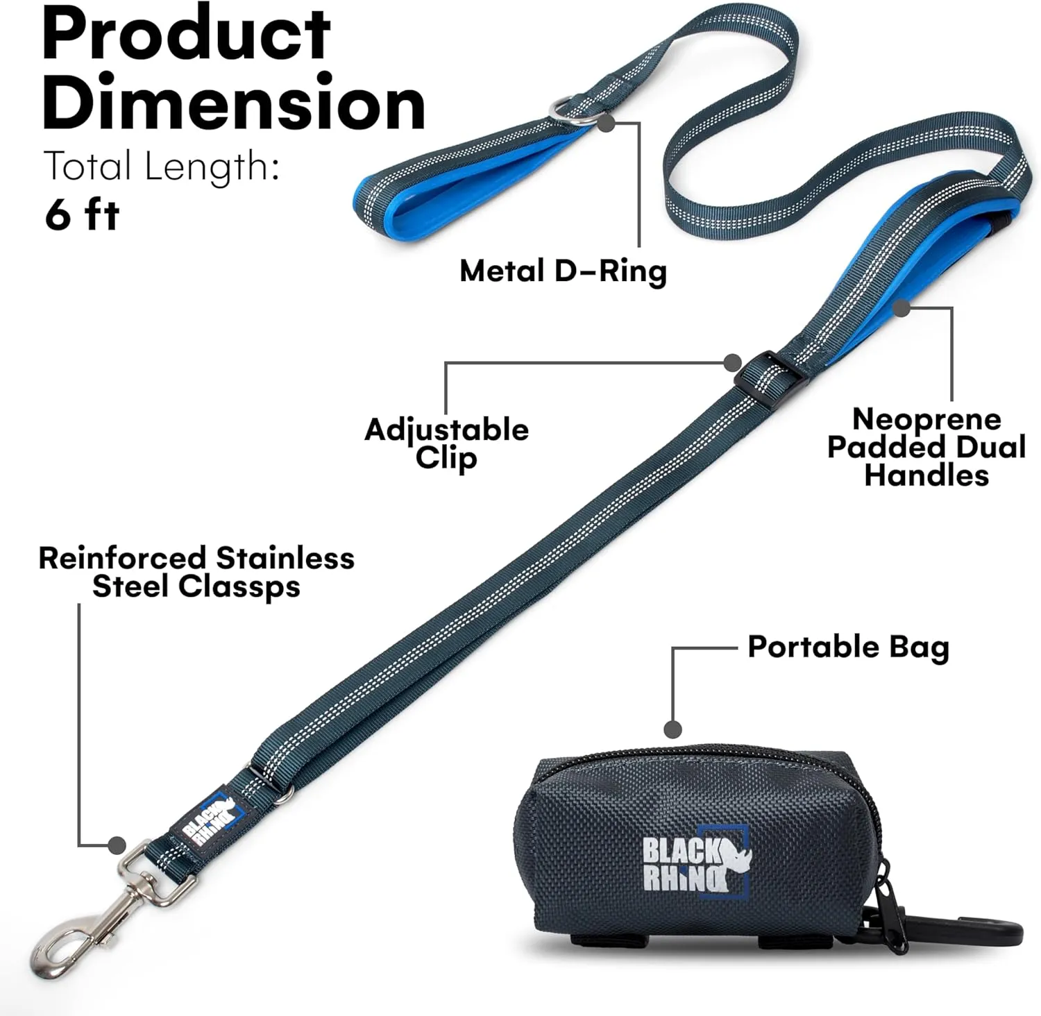 Black Rhino Double Handle Dog Leash - Heavy Duty Adjustable Leash for Large Dogs That Pull - Reflective Two Handle Neoprene Padded Design - 5 to 6 ft - Includes Pouch for Treats and More - Dark Blue