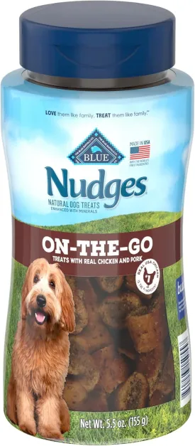 Blue Buffalo Nudges On The Go Natural Dog Treats, Chicken and Pork 5.5oz Reusable Container
