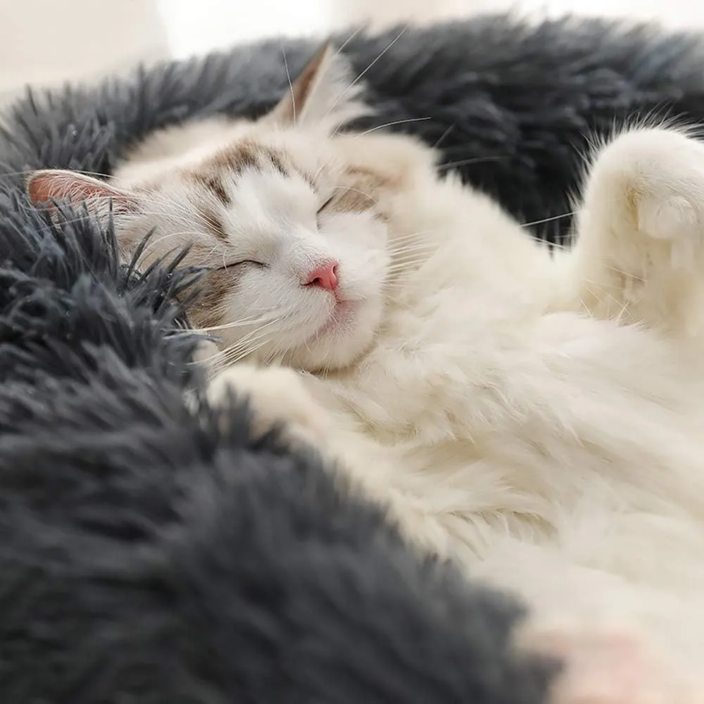 BODISEINT Faux Fur Dog Bed Cat Bed,Shag Round Anti-Anxiety Pet Calming Bed Doughnut Cuddler for Medium Large Puppy Dog Cat Kennel Cushion Self Warming Bed (28'' D x 8'' H, Dark Grey)