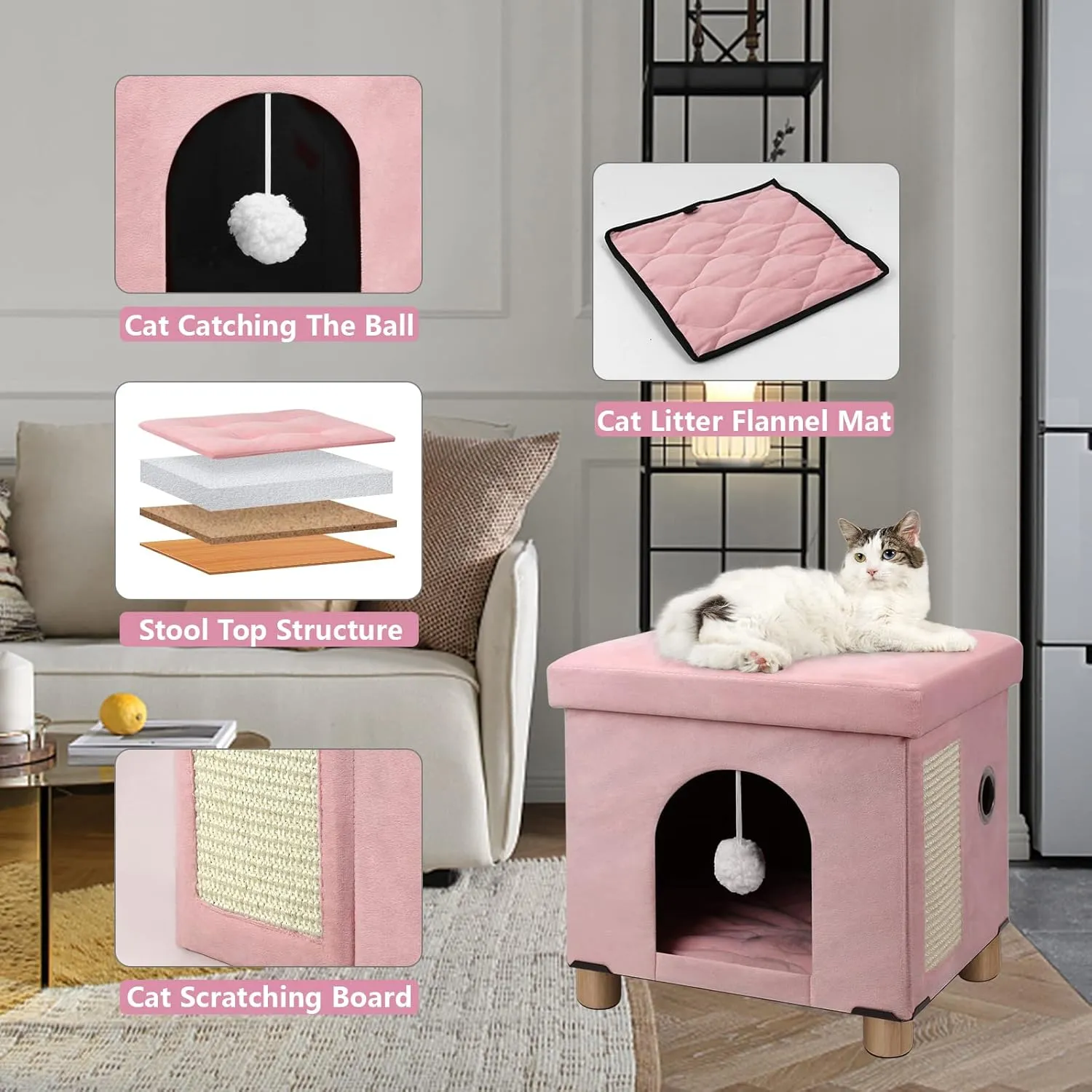 BRIAN & DANY Cat House for Indoor Cats, Cat Cave Bed for Pet, Cat Cube with Cat Scratch Board & Cat Ball, 14.7" x 14.1 x 12.7, Pink