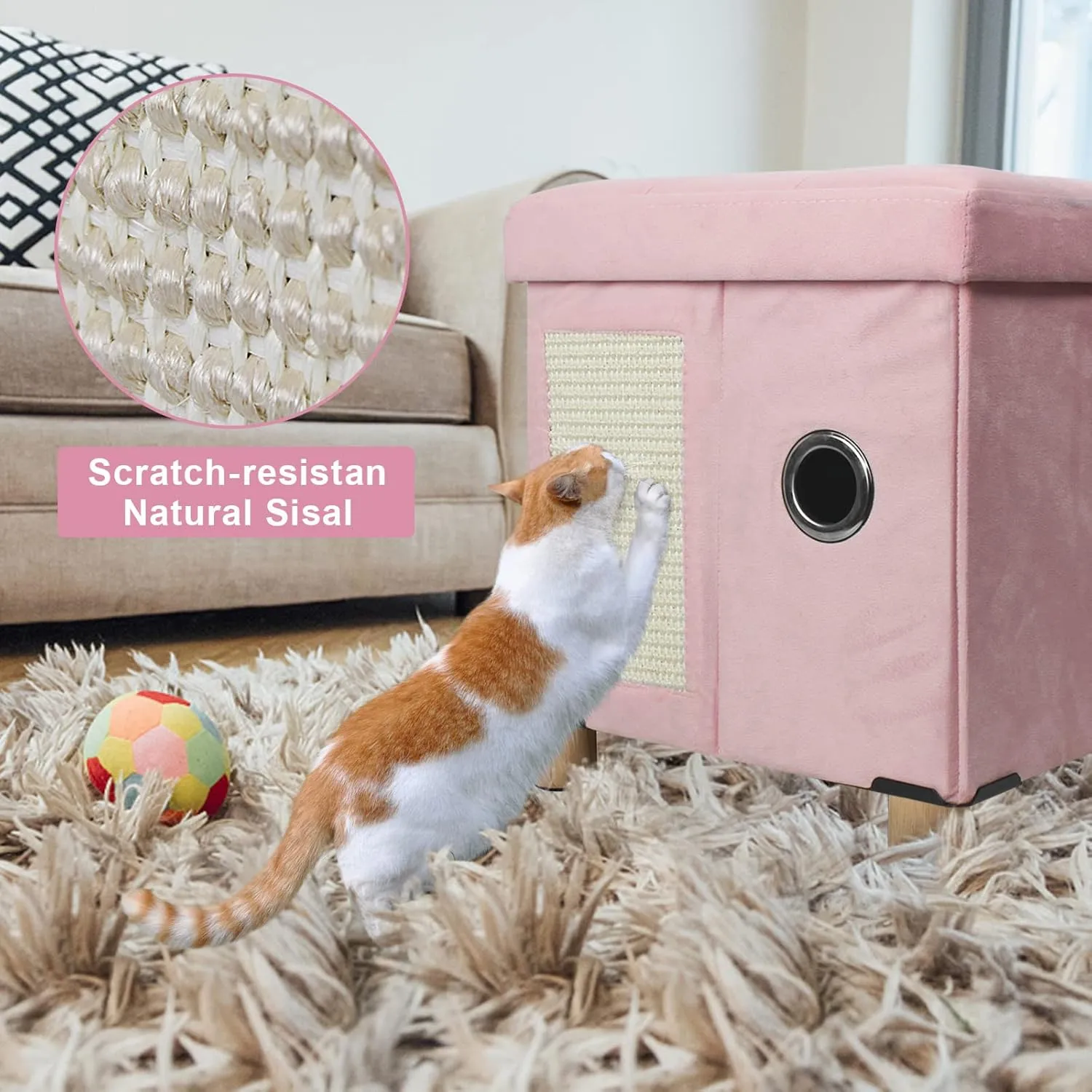 BRIAN & DANY Cat House for Indoor Cats, Cat Cave Bed for Pet, Cat Cube with Cat Scratch Board & Cat Ball, 14.7" x 14.1 x 12.7, Pink