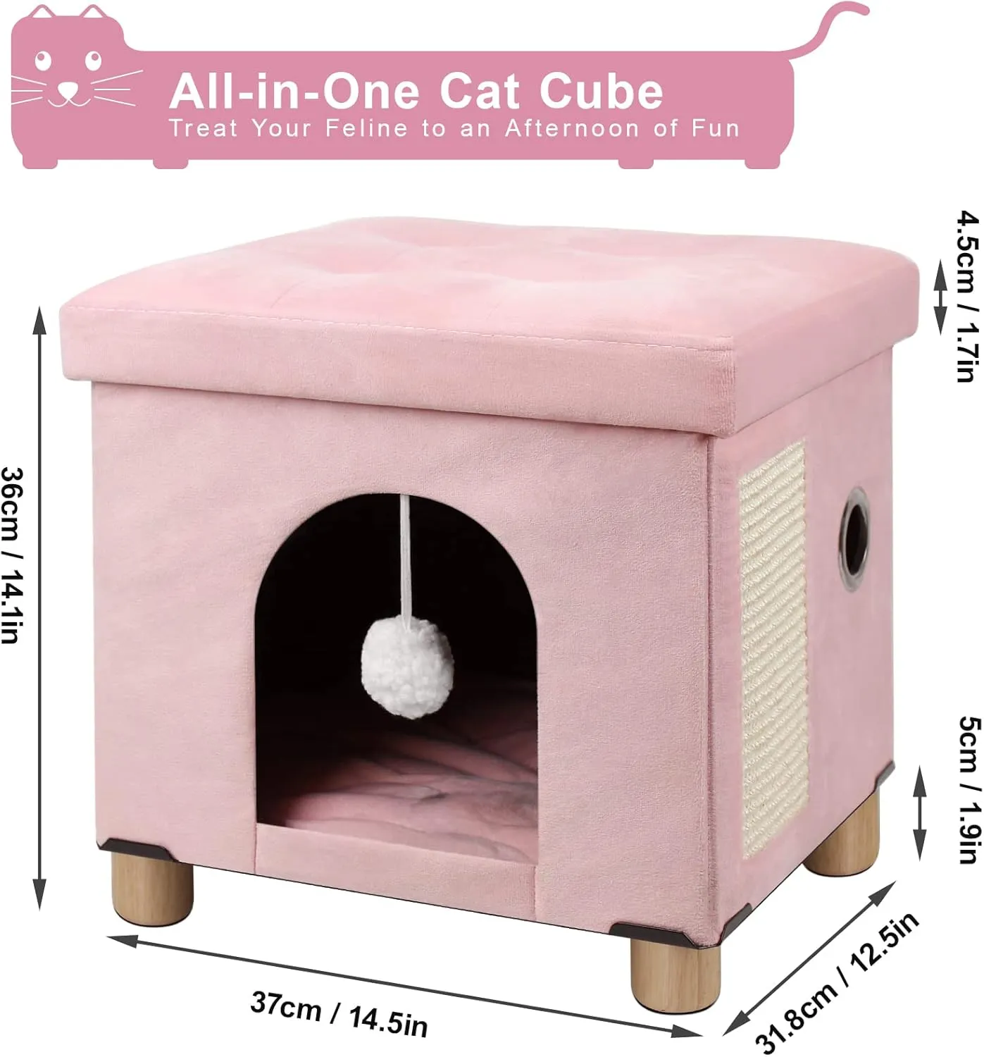 BRIAN & DANY Cat House for Indoor Cats, Cat Cave Bed for Pet, Cat Cube with Cat Scratch Board & Cat Ball, 14.7" x 14.1 x 12.7, Pink