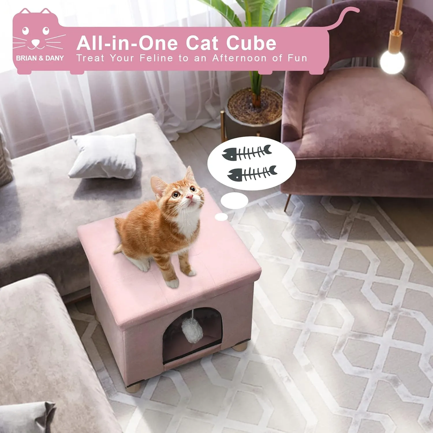 BRIAN & DANY Cat House for Indoor Cats, Cat Cave Bed for Pet, Cat Cube with Cat Scratch Board & Cat Ball, 14.7" x 14.1 x 12.7, Pink