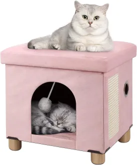 BRIAN & DANY Cat House for Indoor Cats, Cat Cave Bed for Pet, Cat Cube with Cat Scratch Board & Cat Ball, 14.7" x 14.1 x 12.7, Pink
